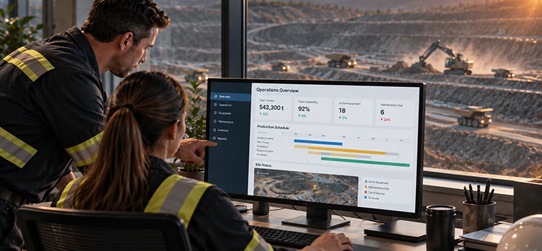 Mining team reviewing an operations dashboard overlooking an open-pit site